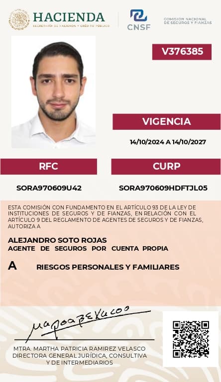 La certificación como agente de seguros por la CNSF de México me brinda la certeza de ofrecerte un servicio profesional y confiable, respaldado por el conocimiento y cumplimiento de todas las normativas del sector.